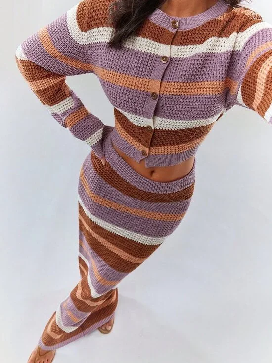 Casual Women's Striped Long Sleeve Knit Cardigan And Knit Skirt Set - Picture 7 of 7